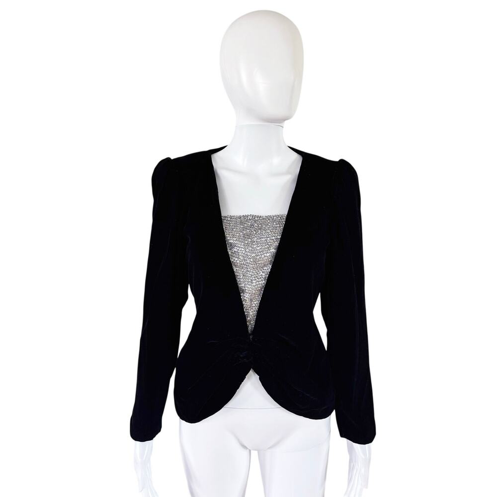 Vintage Oscar de la Renta Black Velvet Jacket Blazer Sequin Front Evening Tuxedo